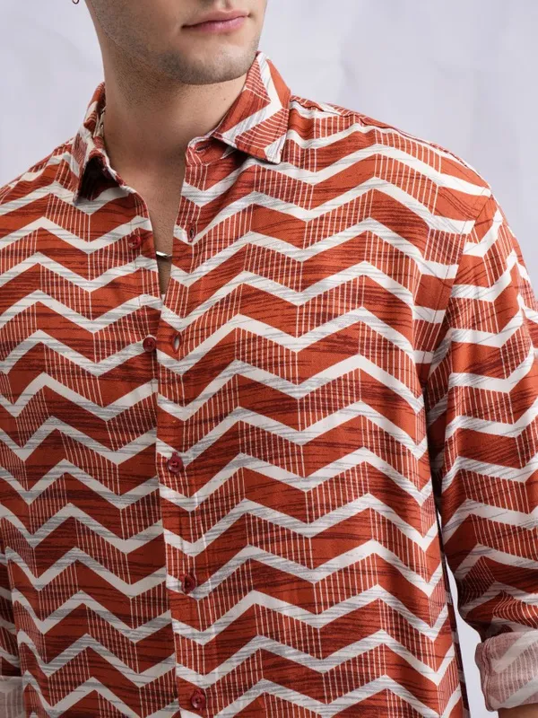  Highlander Men Terracotta Printed Oversized Fit Casual Shirts