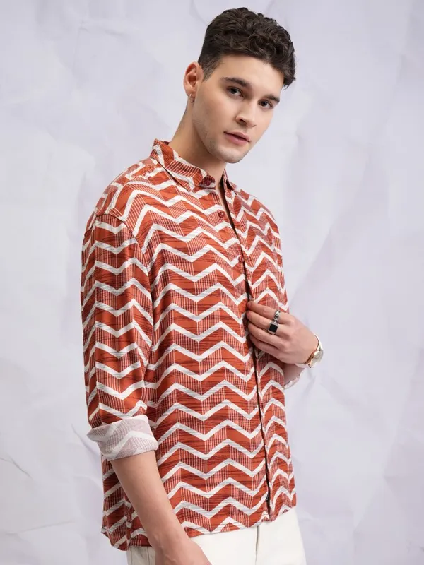 Highlander Men Terracotta Printed Oversized Fit Casual Shirts