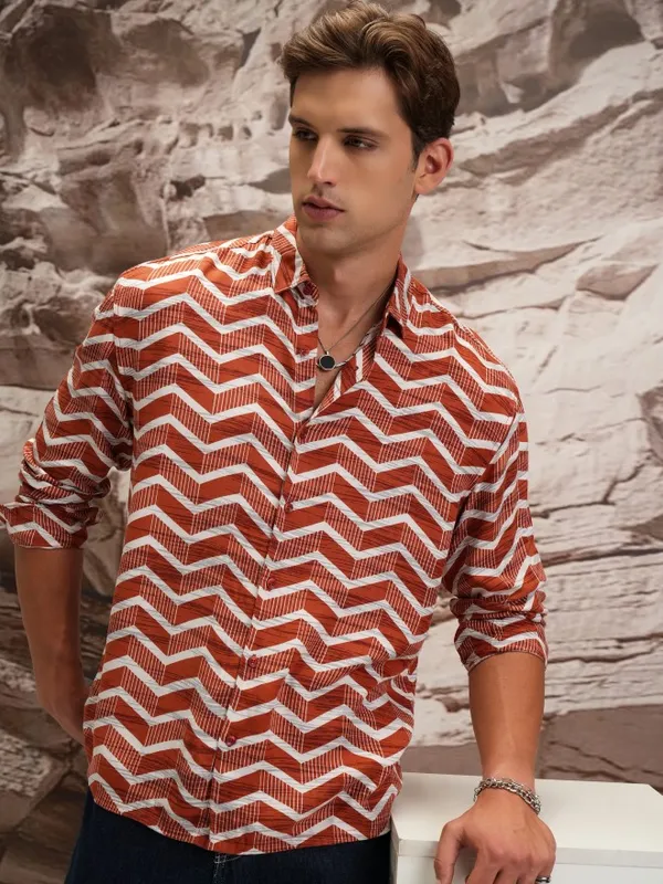  Highlander Men Terracotta Printed Oversized Fit Casual Shirts