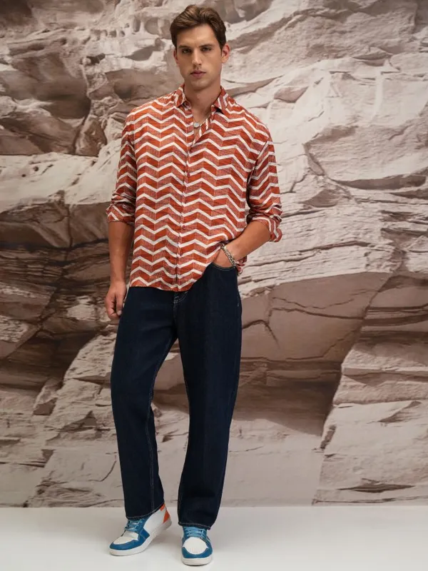  Highlander Men Terracotta Printed Oversized Fit Casual Shirts