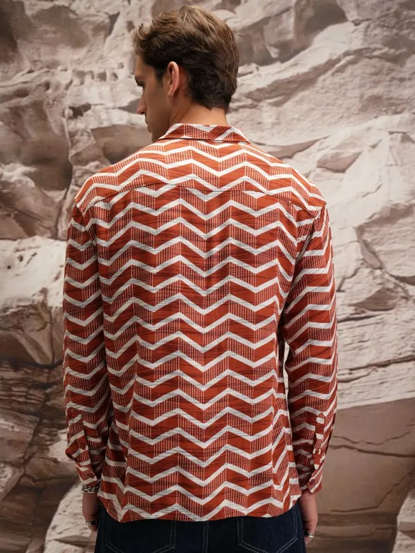  Highlander Men Terracotta Printed Oversized Fit Casual Shirts