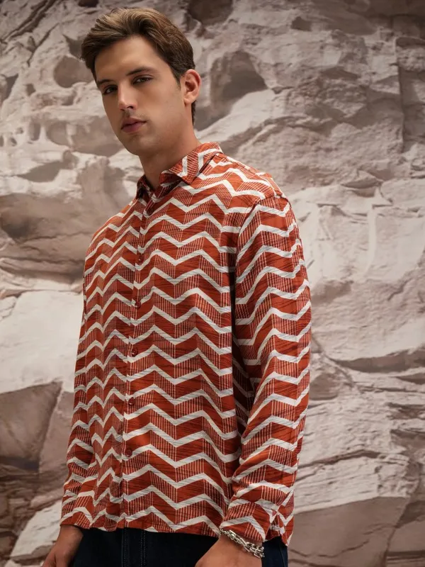  Highlander Men Terracotta Printed Oversized Fit Casual Shirts