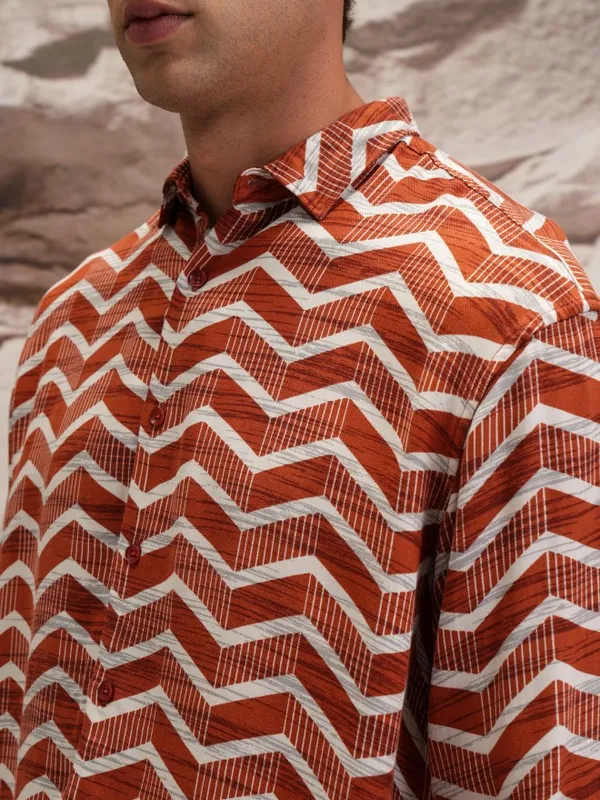  Highlander Men Terracotta Printed Oversized Fit Casual Shirts
