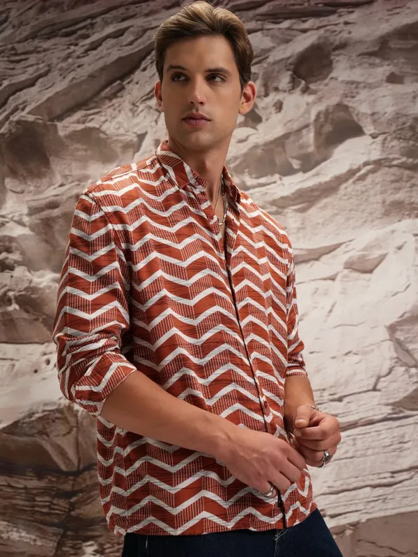  Highlander Men Terracotta Printed Oversized Fit Casual Shirts