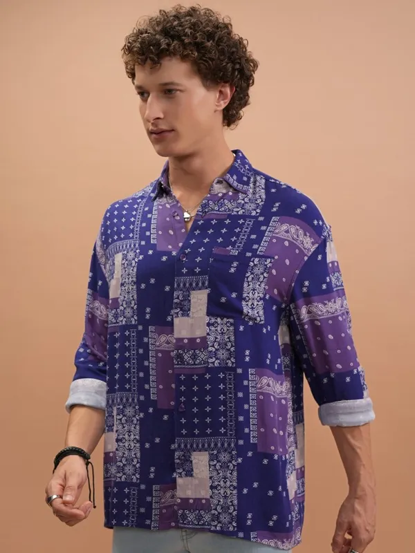  Highlander Men Purple Printed Oversized Fit Casual Shirts
