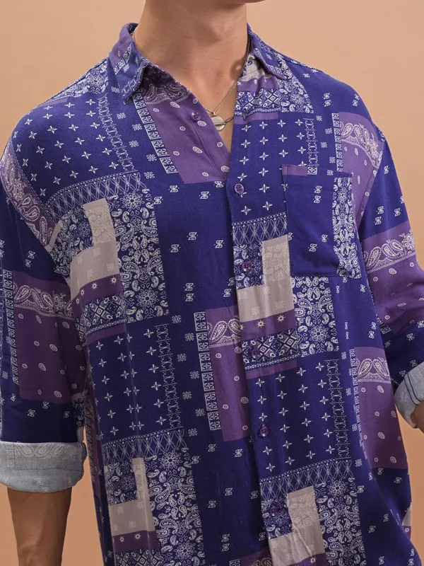  Highlander Men Purple Printed Oversized Fit Casual Shirts
