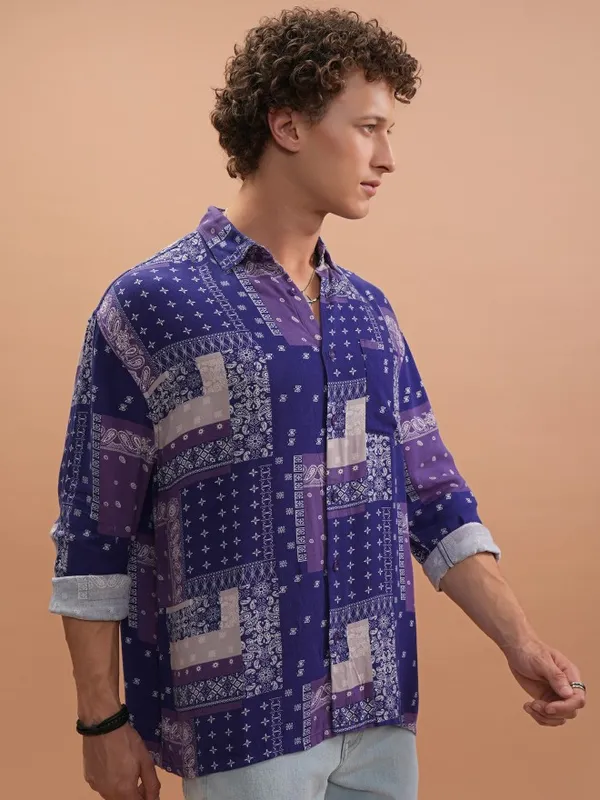  Highlander Men Purple Printed Oversized Fit Casual Shirts