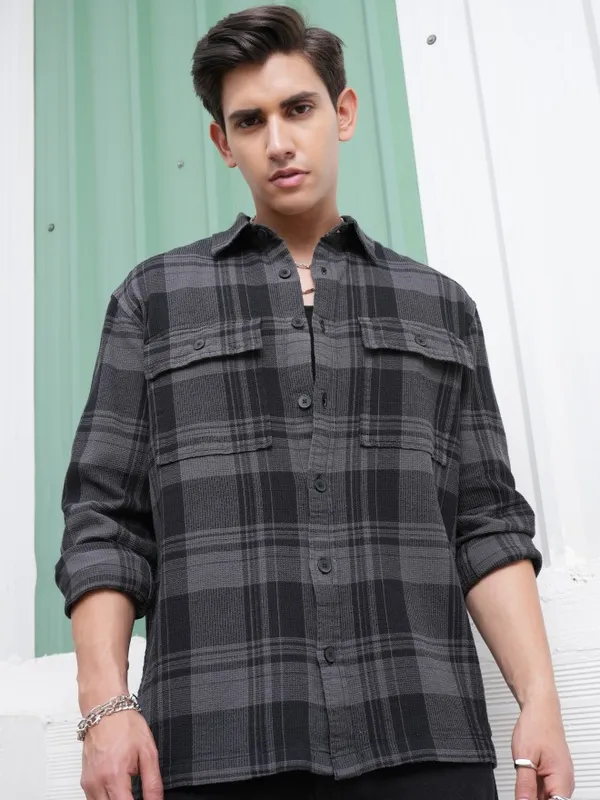  Locomotive Men Grey Checked Oversized Fit Casual Shirts