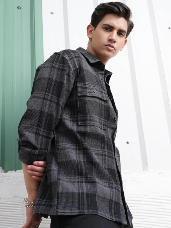 Locomotive Men Grey Checked Oversized Fit Casual Shirts