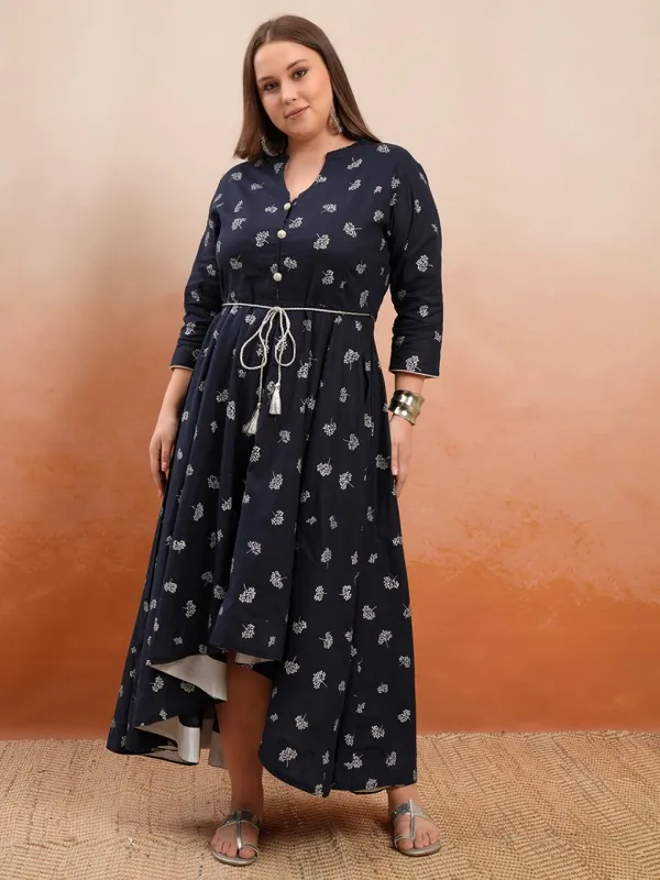 Vishudh Women Navy Blue Printed A-Line Kurta