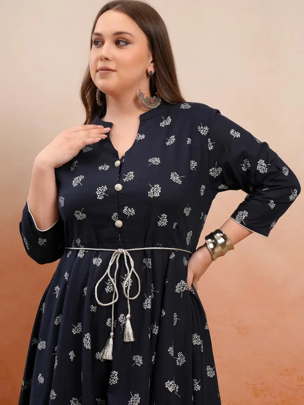 Vishudh Women Navy Blue Printed A-Line Kurta