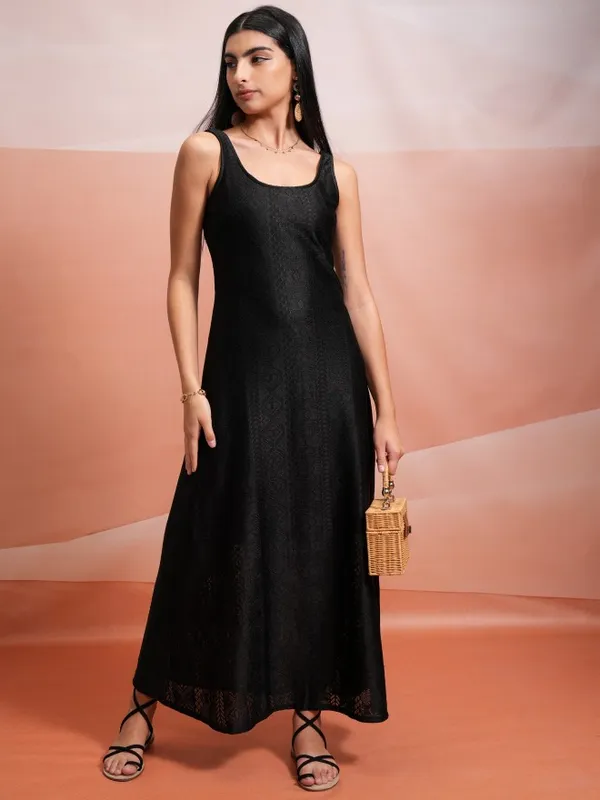 Tokyo Talkies Women Black Self Design Maxi Dress