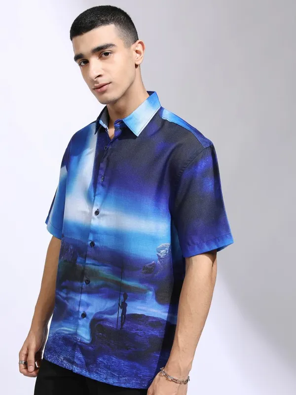 Highlander Men Blue Printed Oversized Fit Casual Shirt