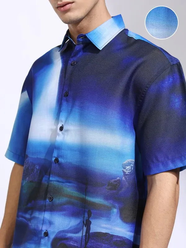 Highlander Men Blue Printed Oversized Fit Casual Shirt