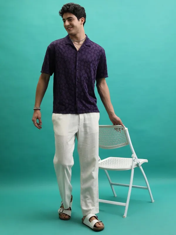  Highlander Men Violet Self Design Regular Fit Casual Shirts