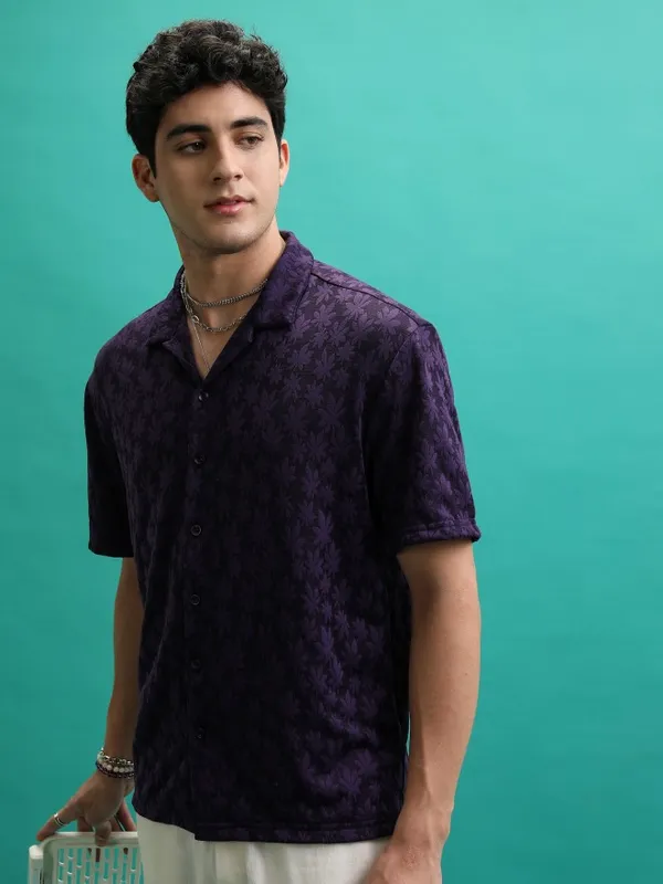  Highlander Men Violet Self Design Regular Fit Casual Shirts