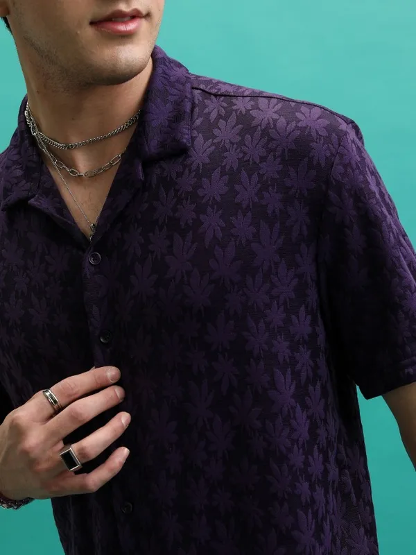  Highlander Men Violet Self Design Regular Fit Casual Shirts