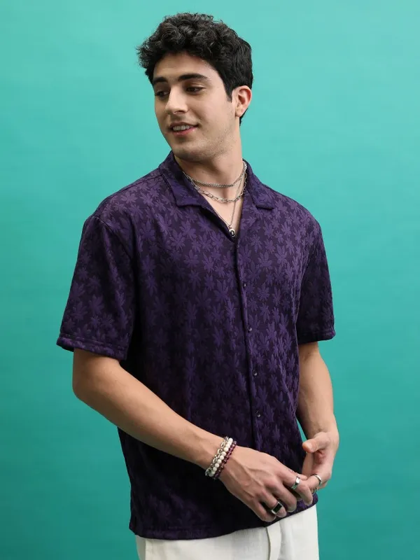  Highlander Men Violet Self Design Regular Fit Casual Shirts