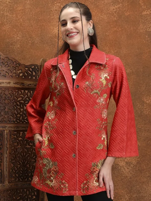 Vishudh Women Red Open Front Jacket