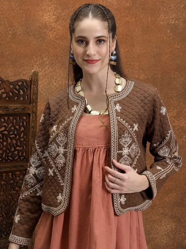 Vishudh Women Brown Open Front Jacket