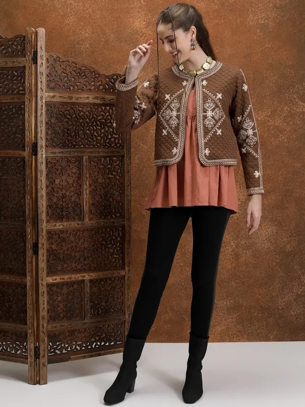 Vishudh Women Brown Open Front Jacket