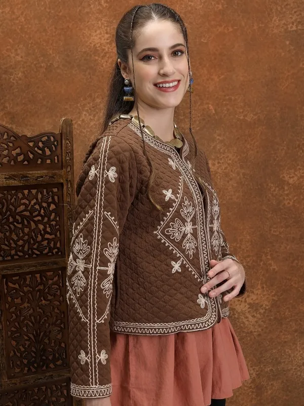 Vishudh Women Brown Open Front Jacket