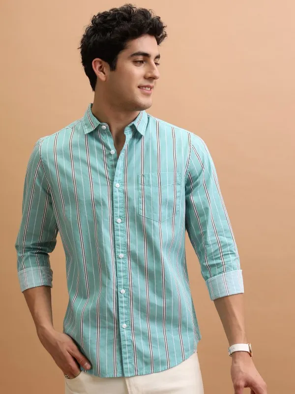  Ketch Men Green Striped Slim Fit Casual Shirts