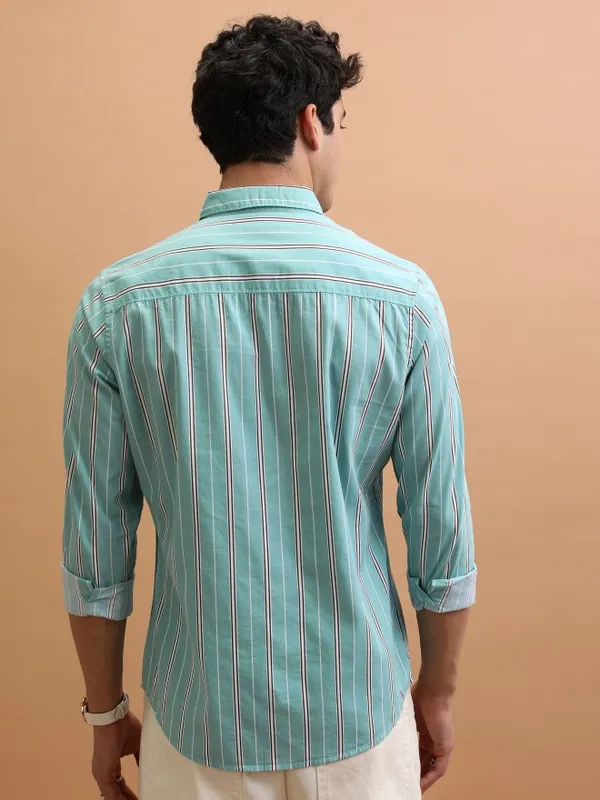  Ketch Men Green Striped Slim Fit Casual Shirts