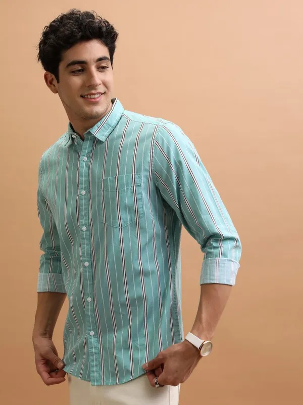  Ketch Men Green Striped Slim Fit Casual Shirts