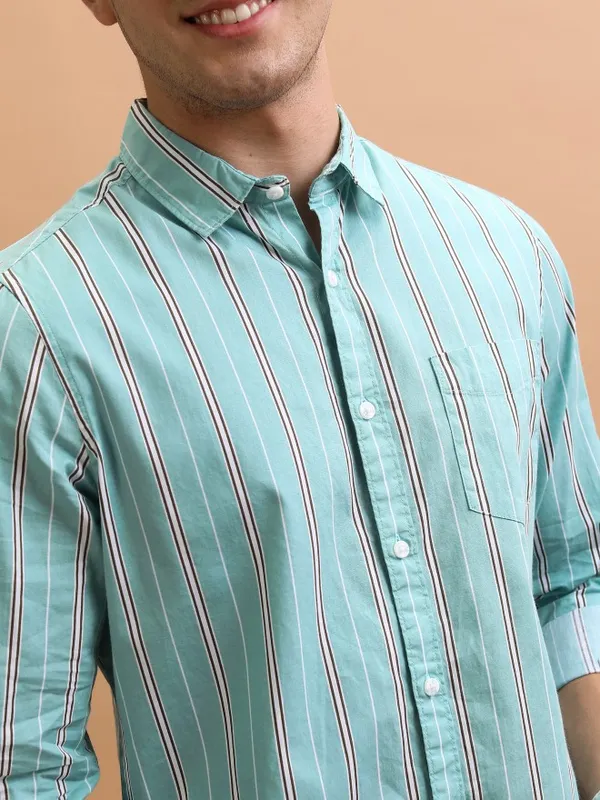  Ketch Men Green Striped Slim Fit Casual Shirts