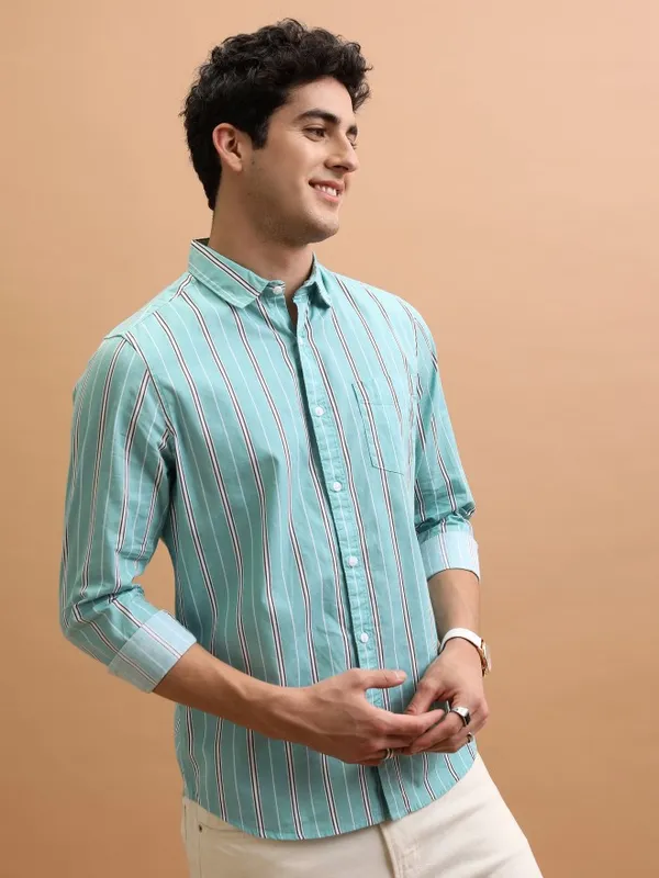  Ketch Men Green Striped Slim Fit Casual Shirts