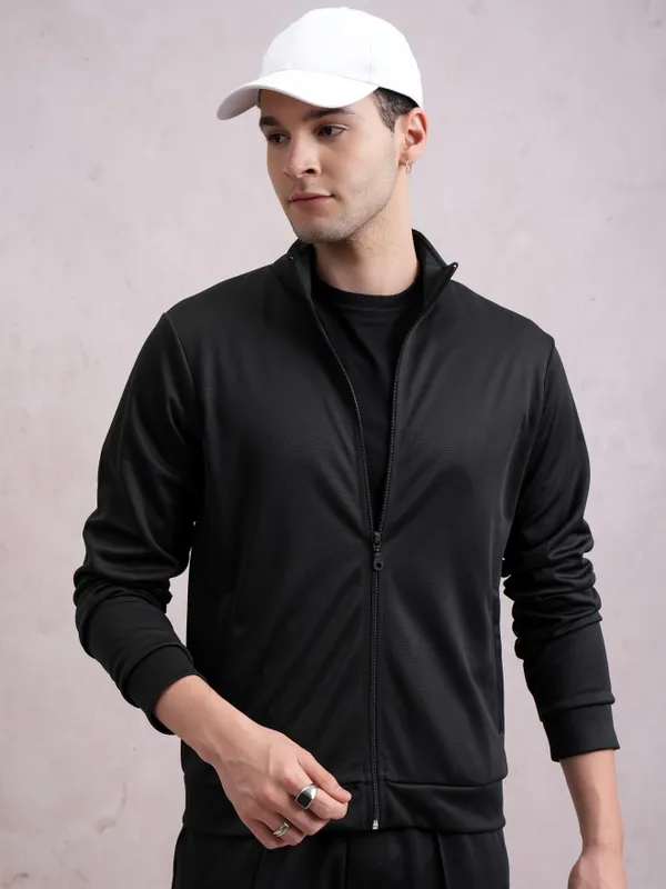 Highlander Men Black High Neck Front-Open Sweatshirt
