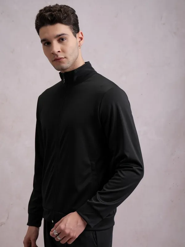 Highlander Men Black High Neck Front-Open Sweatshirt