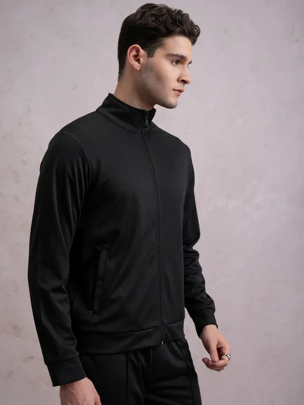 Highlander Men Black High Neck Front-Open Sweatshirt