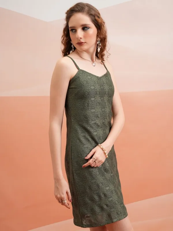 Tokyo Talkies Women Olive Self Design Bodycon Dress