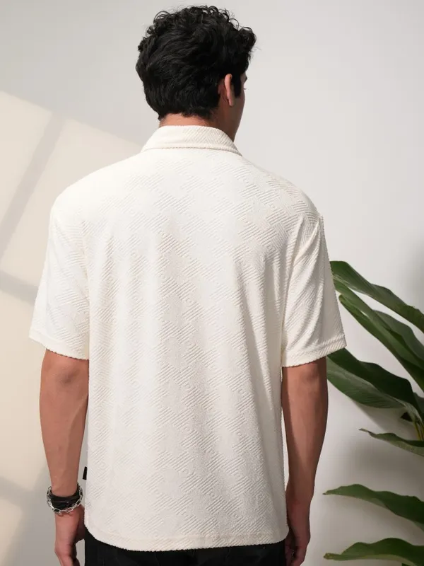 Locomotive Men Cream Self Design Oversized Fit Polo T-Shirt