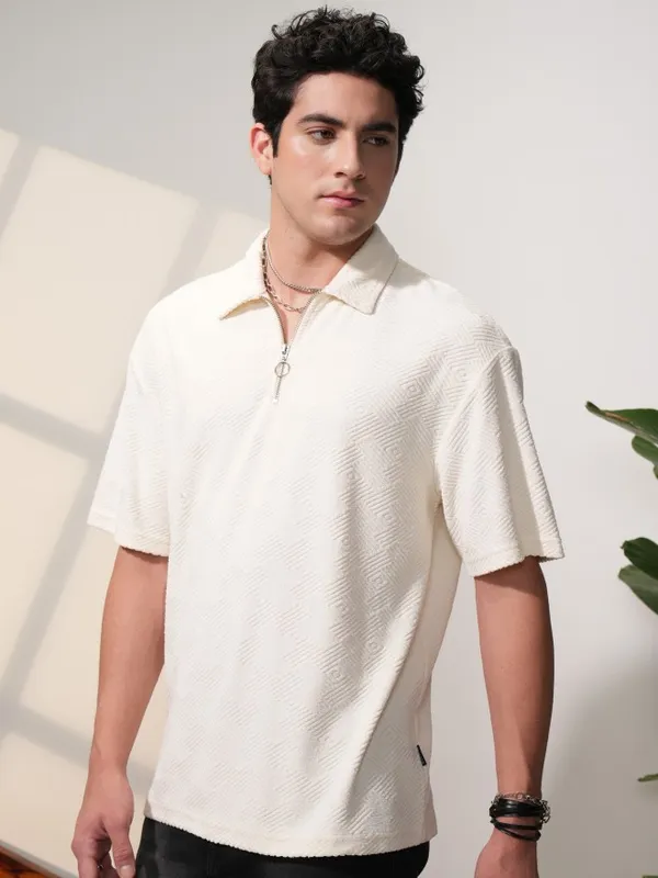 Locomotive Men Cream Self Design Oversized Fit Polo T-Shirt