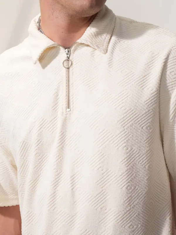 Locomotive Men Cream Self Design Oversized Fit Polo T-Shirt