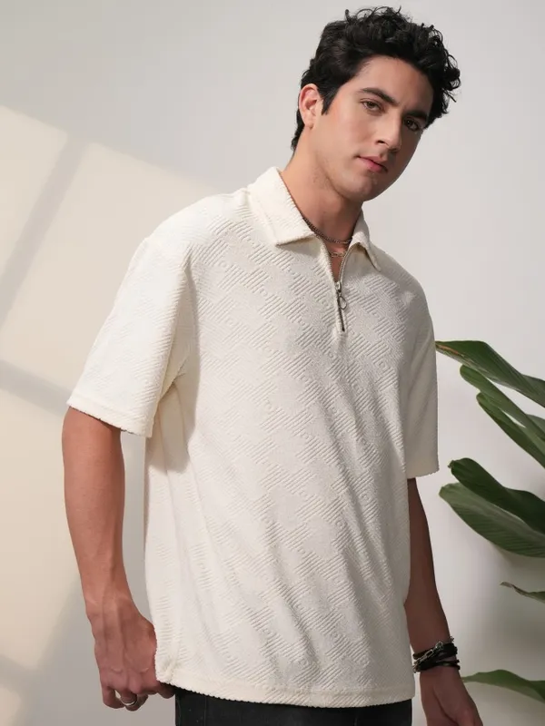 Locomotive Men Cream Self Design Oversized Fit Polo T-Shirt
