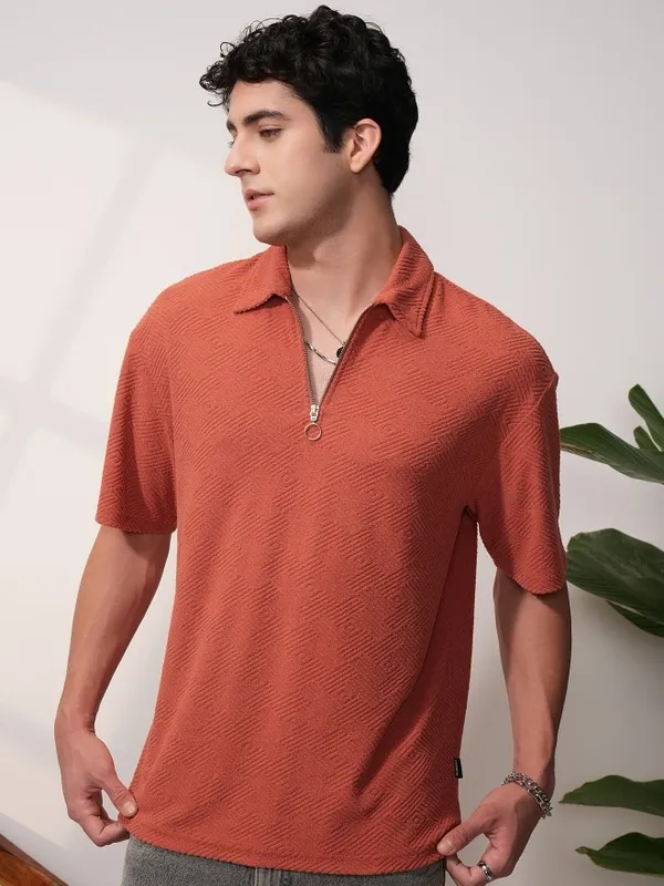 Locomotive Men Rust Self Design Oversized Fit Polo T-Shirt