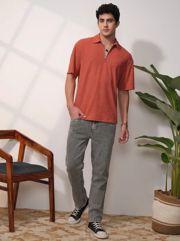Locomotive Men Rust Self Design Oversized Fit Polo T-Shirt