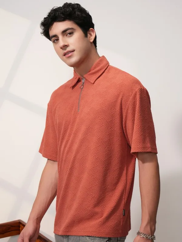 Locomotive Men Rust Self Design Oversized Fit Polo T-Shirt
