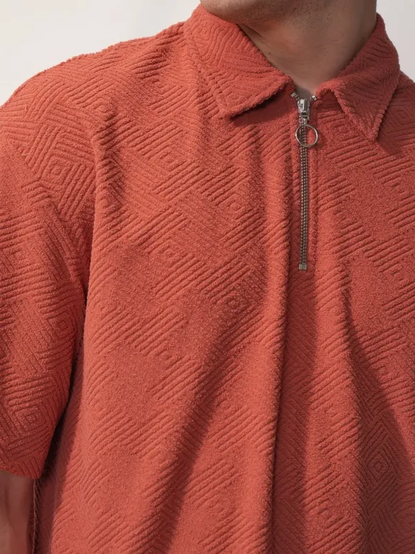 Locomotive Men Rust Self Design Oversized Fit Polo T-Shirt