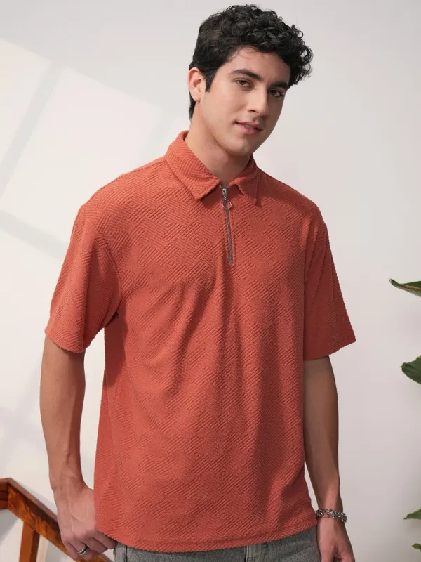 Locomotive Men Rust Self Design Oversized Fit Polo T-Shirt