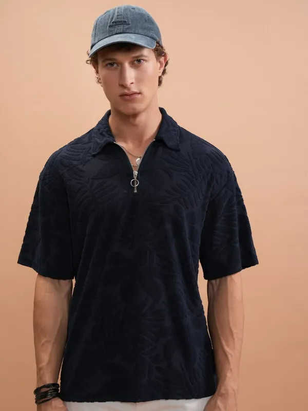 Highlander Men Navy Blue Self Design Polo Collar Polo T-Shirts