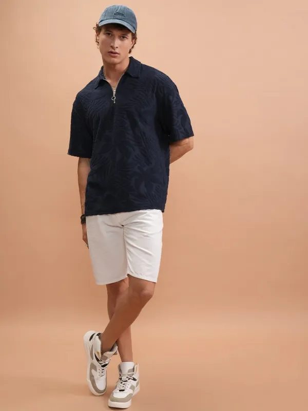  Highlander Men Navy Blue Self Design Polo Collar Polo T-Shirts
