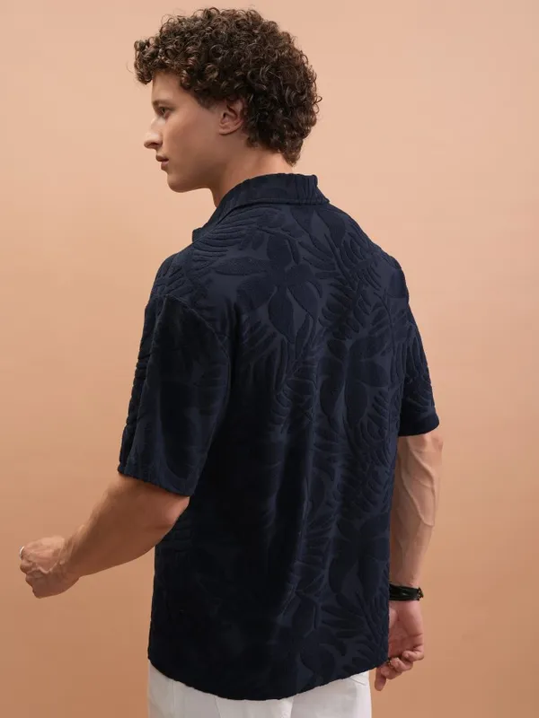  Highlander Men Navy Blue Self Design Polo Collar Polo T-Shirts
