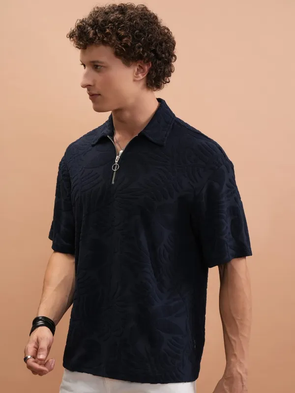  Highlander Men Navy Blue Self Design Polo Collar Polo T-Shirts