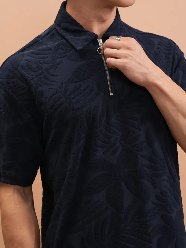  Highlander Men Navy Blue Self Design Polo Collar Polo T-Shirts