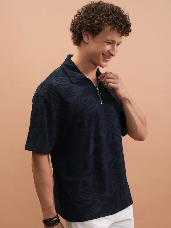  Highlander Men Navy Blue Self Design Polo Collar Polo T-Shirts